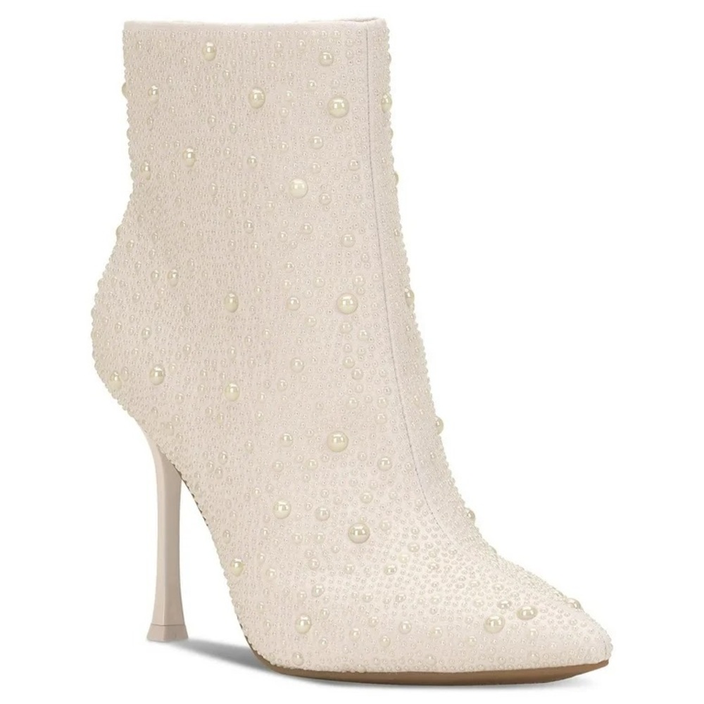 INC International Concepts Cream Pearl-Embellished Ankle Boots